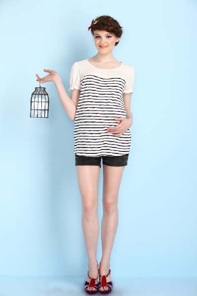 媽媽和我圓領條紋孕婦裝上衣