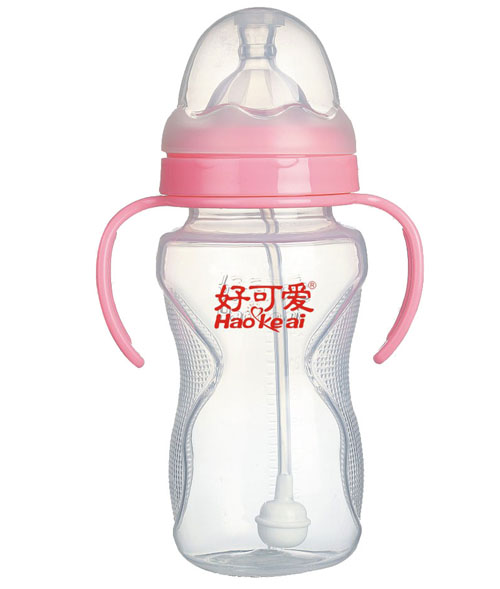 好可愛寬口自動(dòng)吸管手柄弧形奶瓶300ml