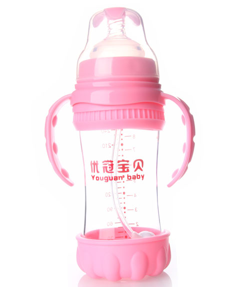 優(yōu)冠寶貝寬口徑防摔玻璃奶瓶260ml粉色