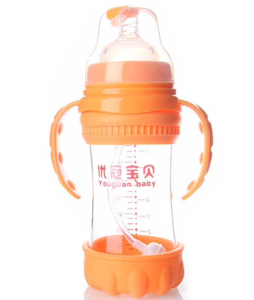 優(yōu)冠寶貝寬口徑防摔玻璃奶瓶260ml橙色