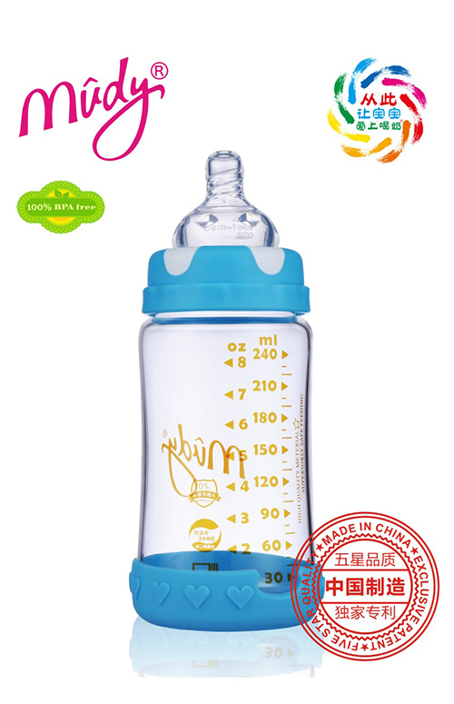 寬口徑金典晶鉆玻璃奶瓶240ML(天藍色)