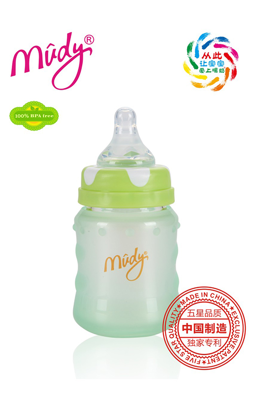 麥地寬口感溫硅膠防爆玻璃奶瓶150ML(草綠色)