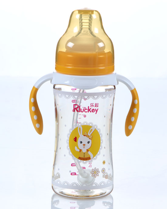樂起PPSU帶柄防摔寬口徑奶瓶300ml橙色